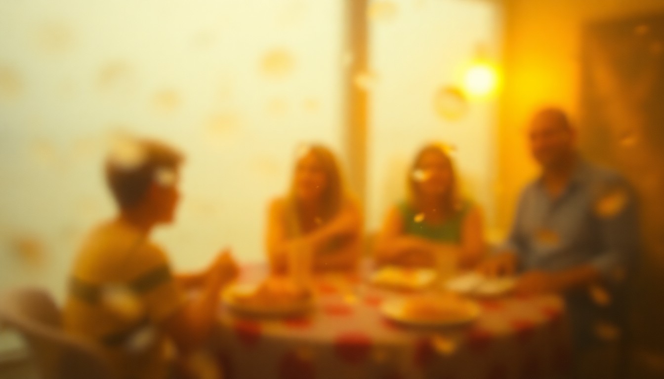 An abstract, out-of-focus photograph in warm, muted tones, conceptually representing the warmth and joy of a close-knit family gathering to celebrate the life of a beloved community member.
