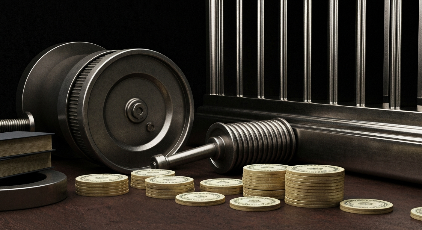 An extreme close-up of gears, levers, and other industrial banking machinery, conveying a sense of financial security and institutional power without using literal currency or charts.