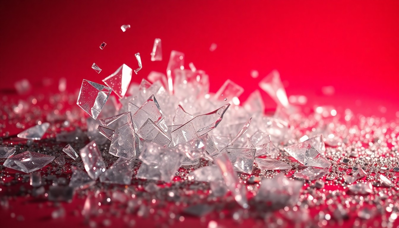 An extreme close-up of shattered glass and glittering sequins in dramatic, high-contrast studio lighting, conveying the fragile emotional state and glamour of a public figure facing personal adversity.