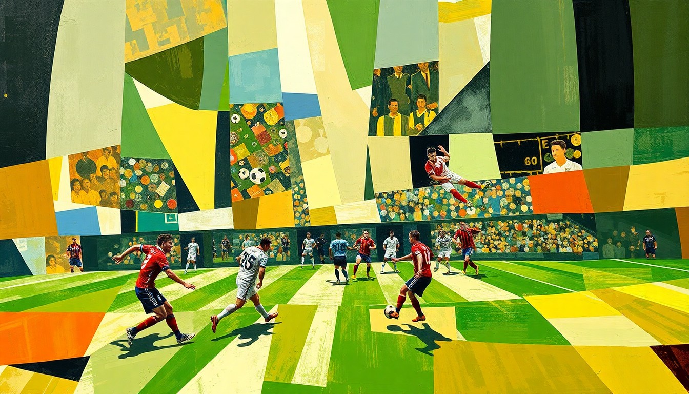 A cubist-style painting depicting a football game or match, with the players and field broken down into abstract geometric shapes and planes of color, capturing the dynamic energy of the sport.