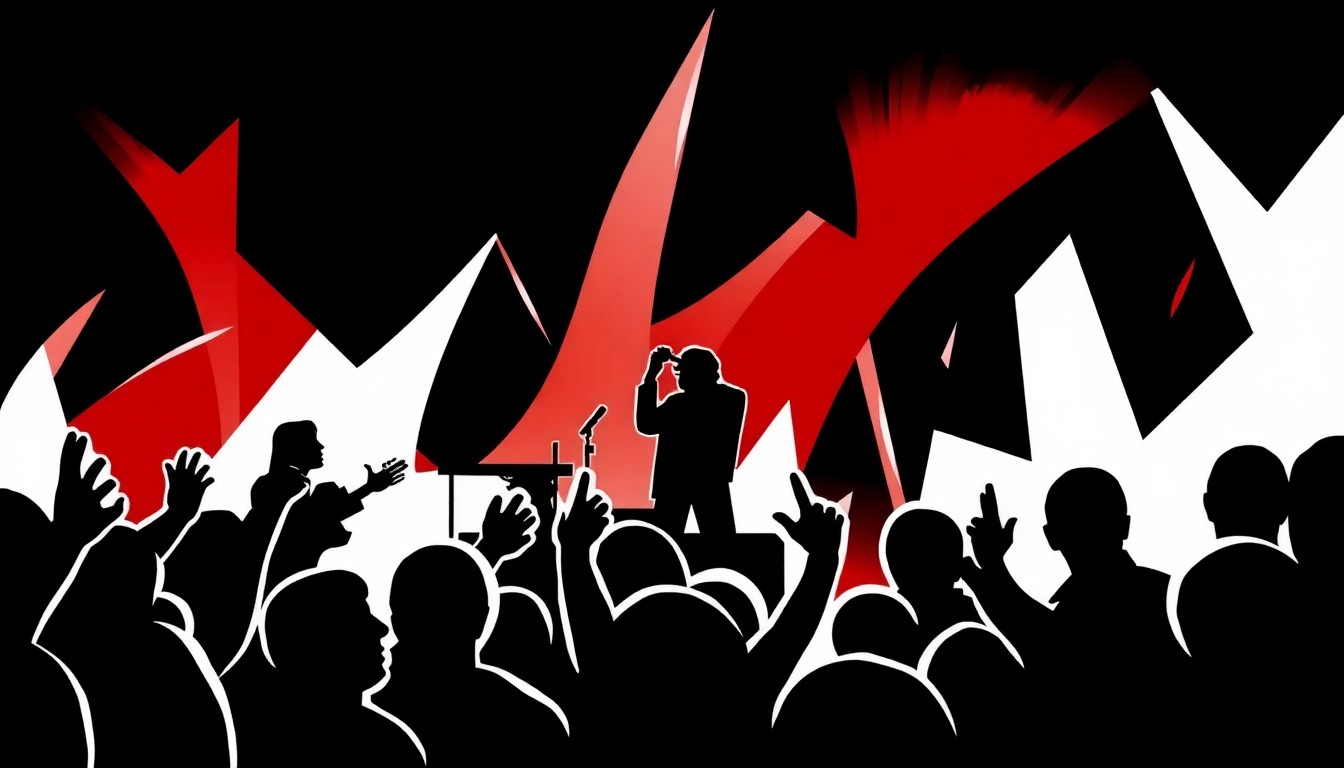 An abstract, minimalist illustration featuring stark black silhouettes of musical instruments and geometric shapes in red and white, capturing the vibrant energy of a community band performance.