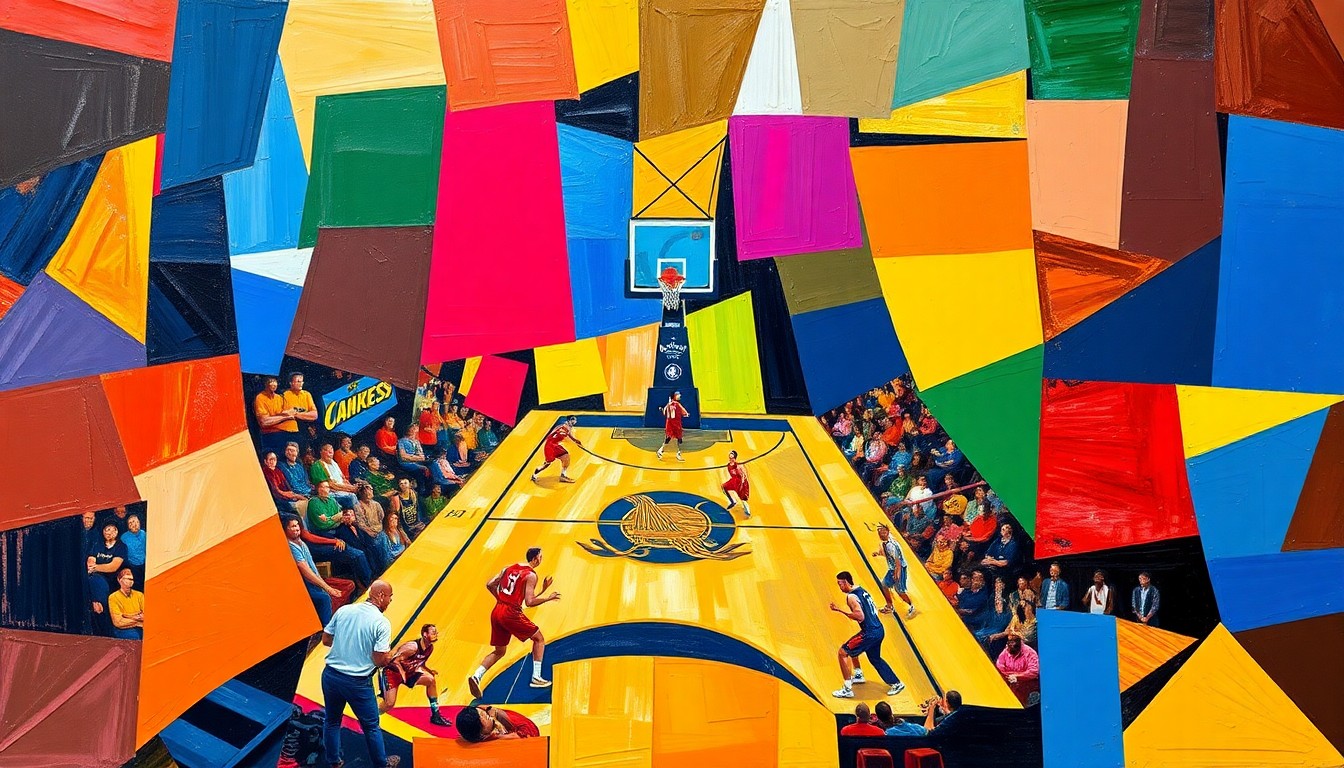 A cubist, geometric painting featuring overlapping planes of bright orange, blue, and red, conceptually representing the competitive energy and back-and-forth action of a close basketball game.