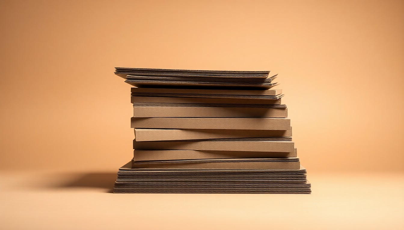 A high-end, photorealistic studio still-life photograph featuring a stack of premium paperboard samples in muted earth tones, resting on a clean, monochromatic seamless background with sharp, dramatic lighting and deep shadows.