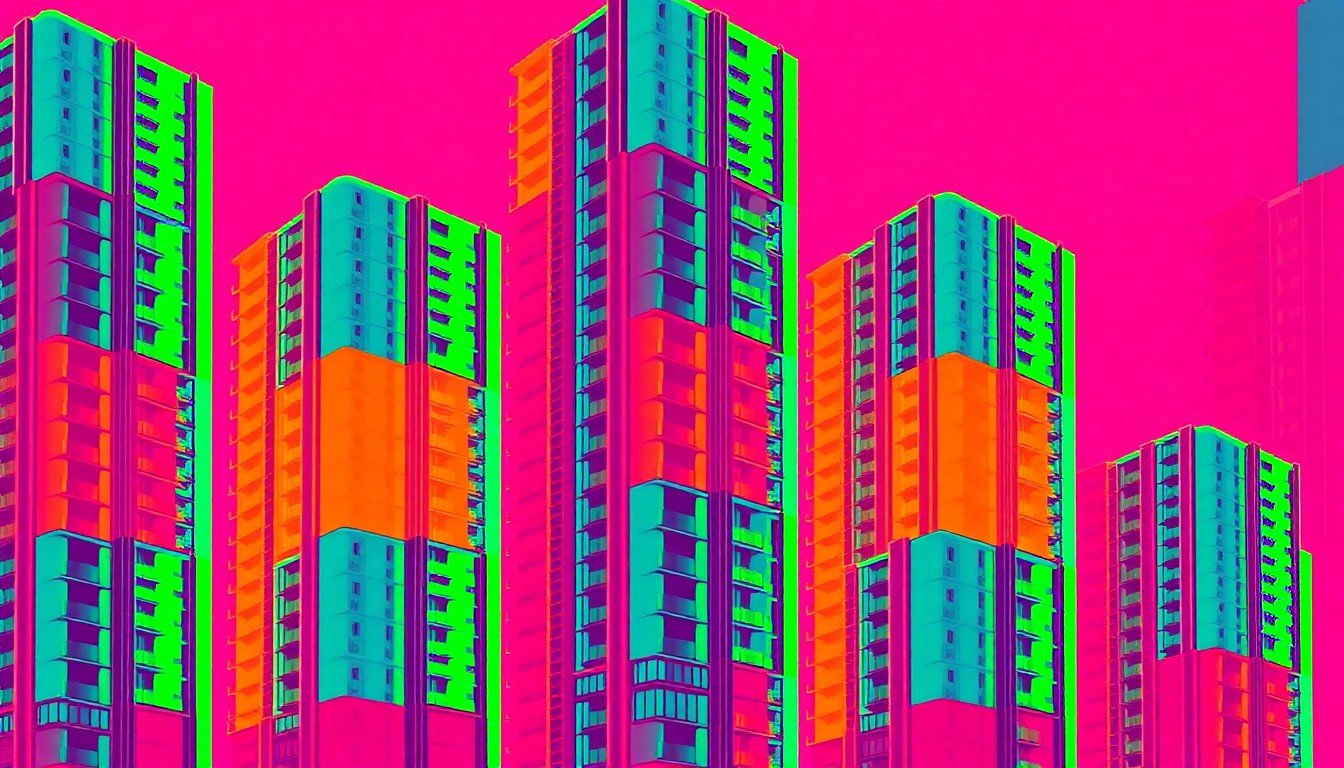 A vibrant, high-contrast silkscreen print depicting a modern luxury condominium tower repeated in a grid, rendered in a bold, pop art style using flat, neon colors and heavy black outlines to capture the iconic imagery of upscale urban living.