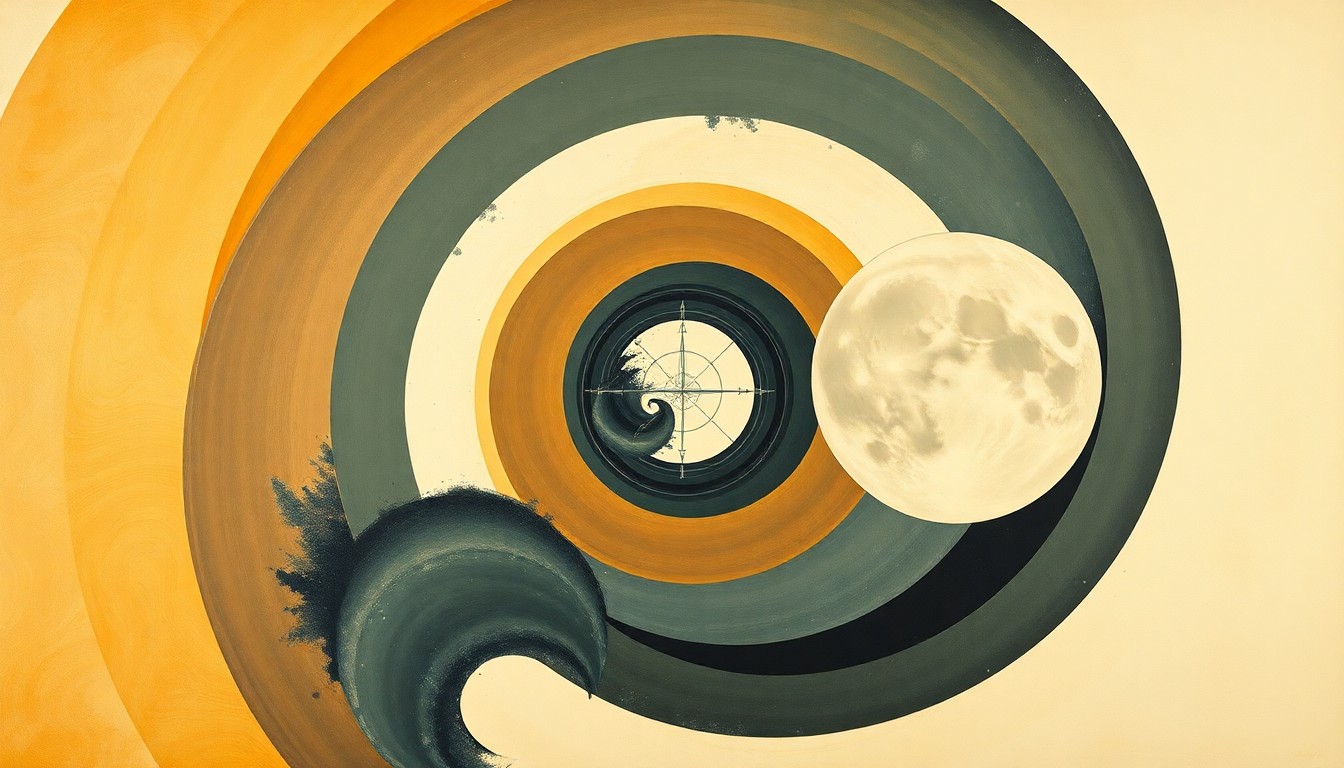 A highly structured abstract painting in soft, earthy tones depicting the geometric arcs and concentric circles of the Orion spacecraft's journey, visualizing the complex scientific forces and concepts behind this historic mission.