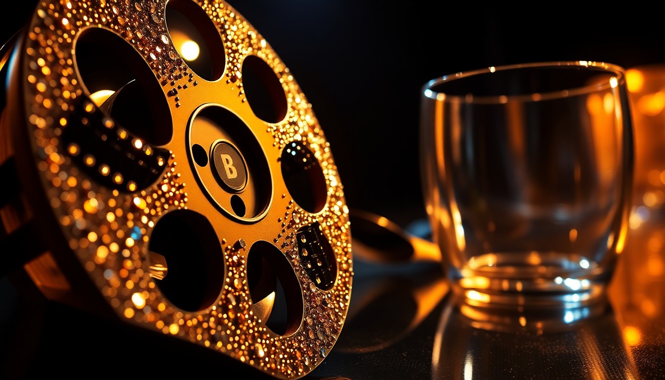 An abstract close-up image of luxurious textures like glittering film reel and shimmering sequins, captured in dramatic high-contrast studio lighting to convey the glamour and energy of the Boulder International Film Festival.