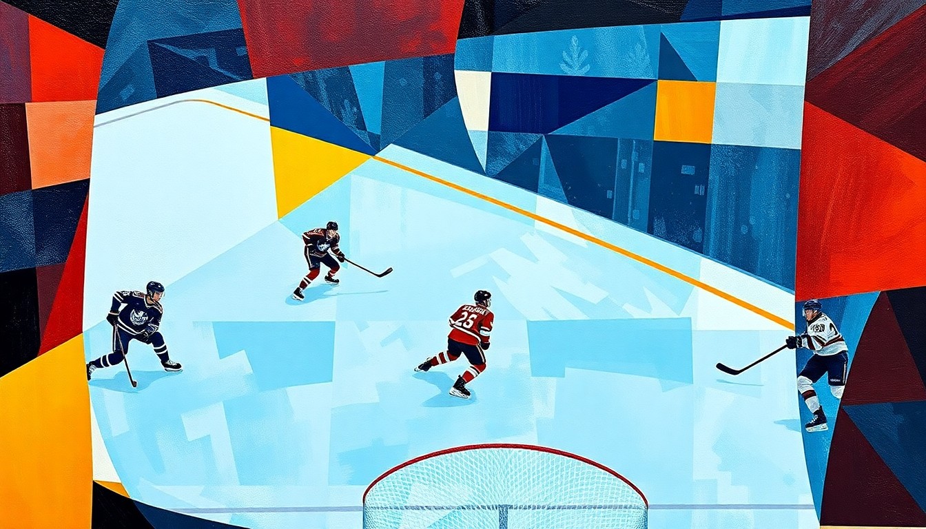 A cubist, geometric painting depicting a hockey game scene, with overlapping planes and shapes representing the action on the ice, without any recognizable faces or logos.