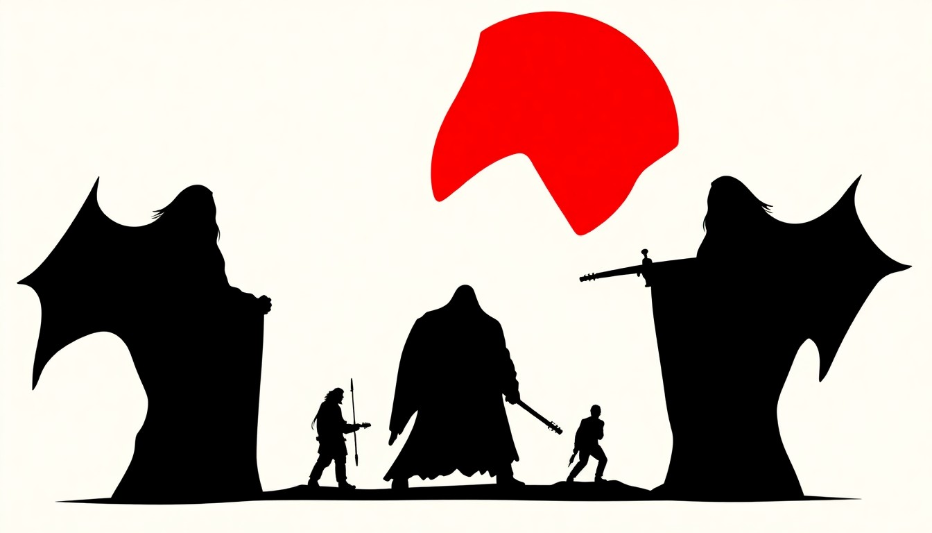 An abstract, minimalist composition featuring stark black silhouettes and geometric shapes in bold red and white, conceptually representing the powerful and emotive sound of the progressive doom metal band Khemmis.