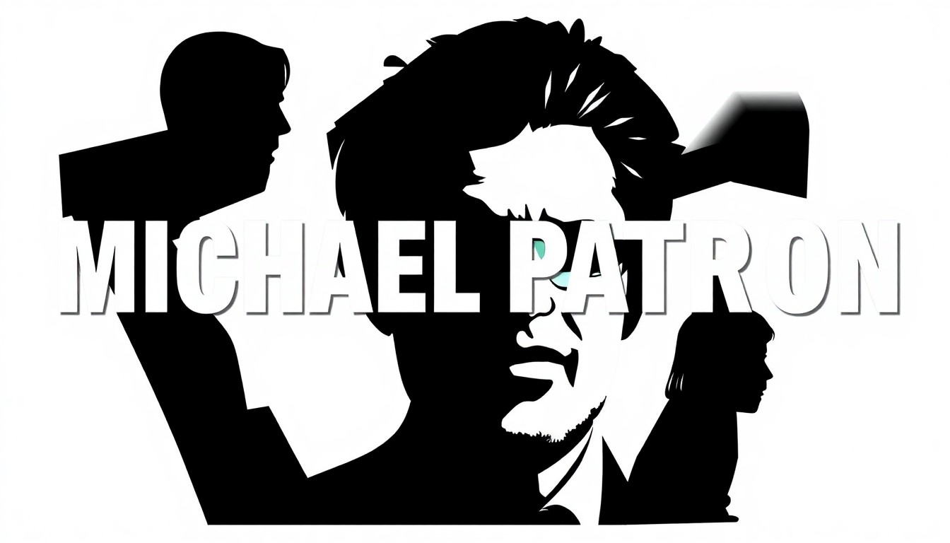 A bold, abstract composition of jagged, geometric black shapes and silhouettes, representing the resilience and creative spirit of actor Michael Patrick in the face of his terminal illness.