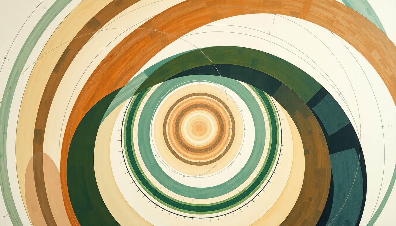 A highly structured abstract painting in soft, earthy tones of green, brown, and blue, featuring sweeping geometric arcs, concentric circles, and precise botanical spirals, conceptually representing the interconnected systems of a community-owned renewable energy grid.