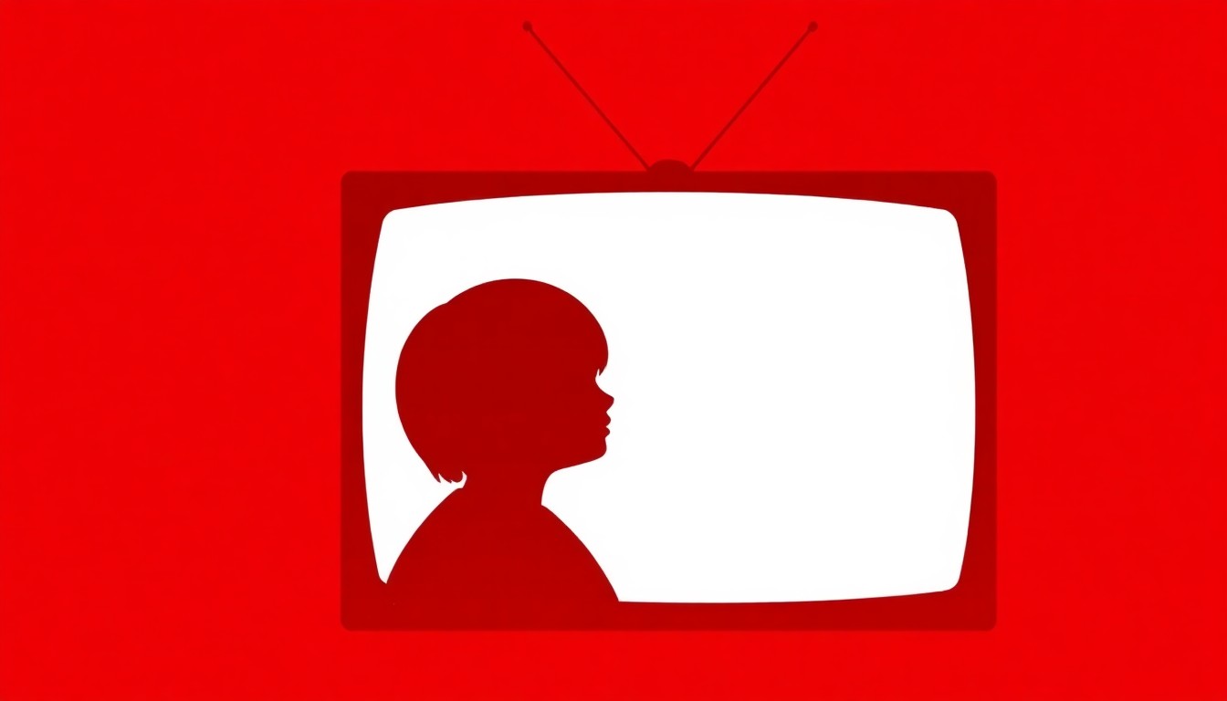 A bold, abstract illustration featuring stark, jagged geometric shapes and heavy black silhouettes, representing a deafblind child actor on a television screen in a minimalist, high-contrast style.