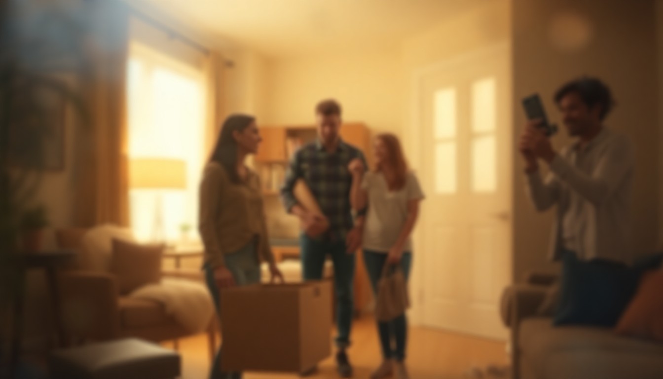 An abstract, out-of-focus scene of a military family moving into their new affordable apartment, with soft, warm pools of color and light creating a dreamlike, atmospheric composition.