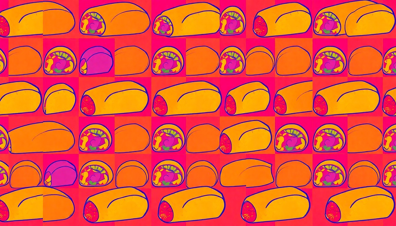 A highly stylized, pop art-inspired illustration featuring a repeating grid of a single, iconic burrito in a vibrant, neon color palette, capturing the celebratory energy of a community-driven restaurant milestone.