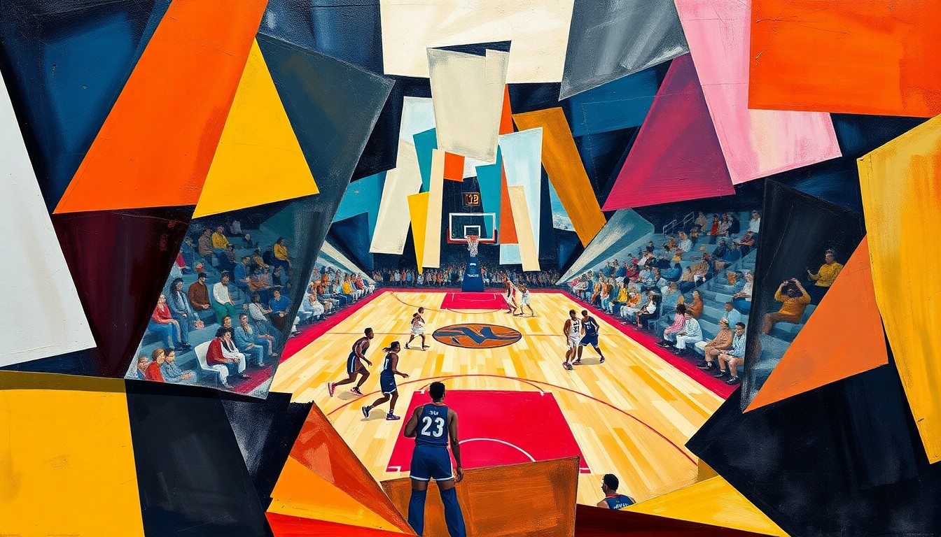 A cubist-style painting depicting a WNBA basketball game broken down into overlapping geometric shapes and planes, conveying the tension and uncertainty surrounding the CBA negotiations.