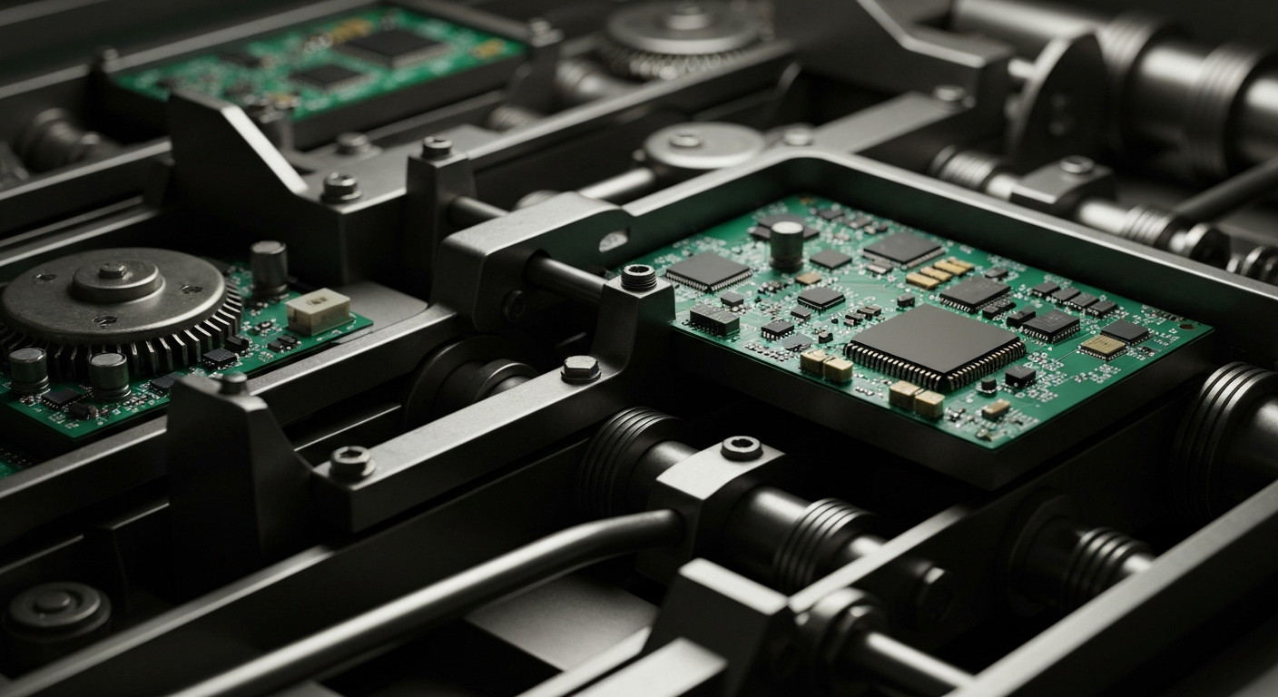 An extreme close-up of intricate, metallic banking machinery and components, conveying the power and complexity of the financial systems underpinning the AI revolution.