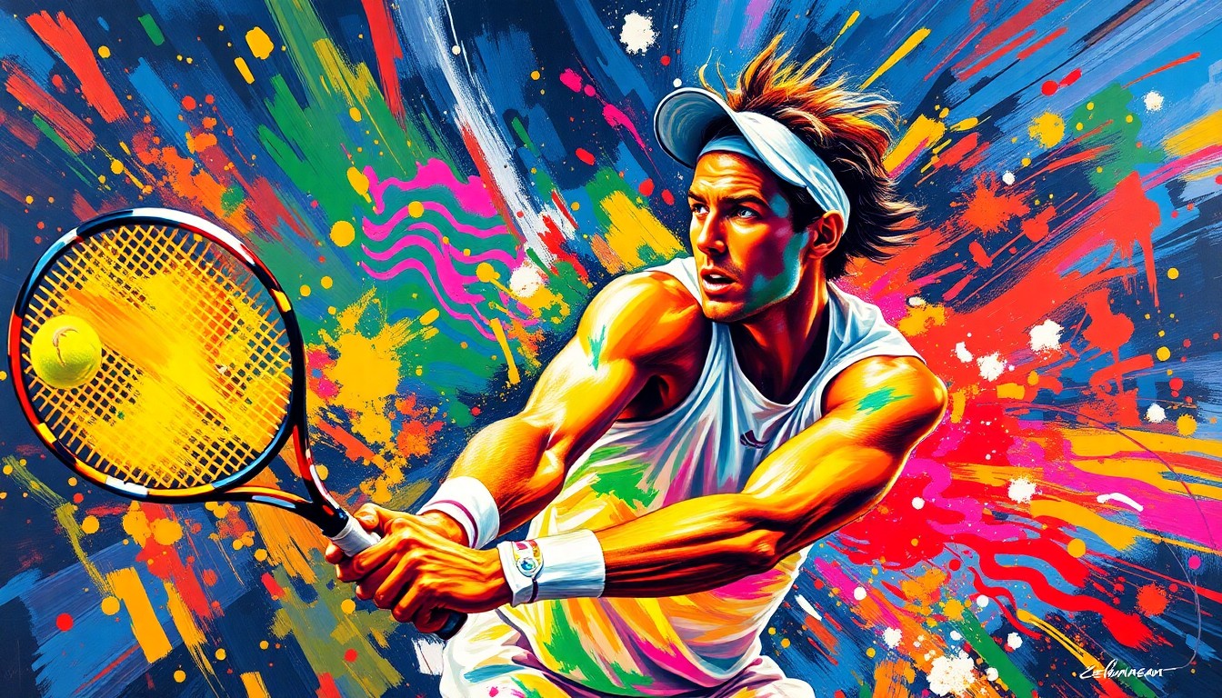 A vibrant, expressionist painting in neon colors capturing the raw energy and movement of a tennis player, with the player's face and details dissolving into unrecognizable splatters of color, conceptually representing the resilience and determination of an athlete overcoming adversity.