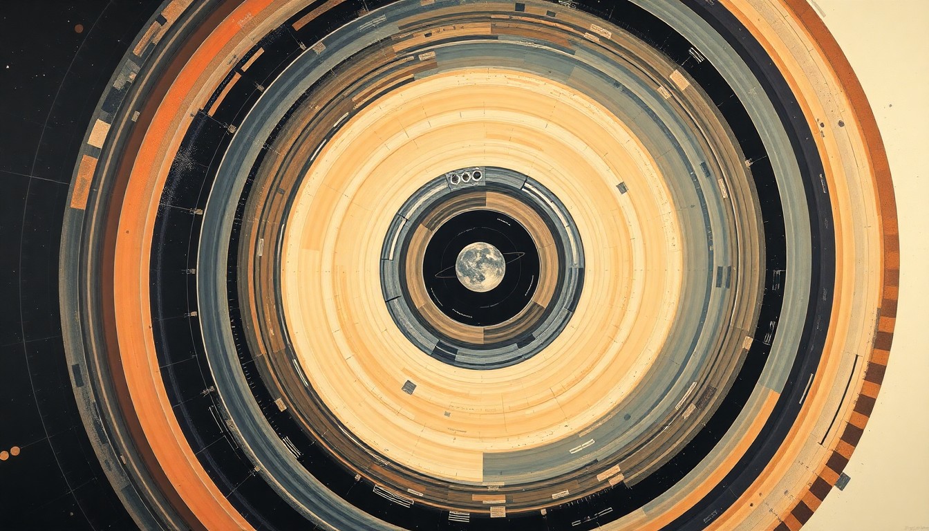 An abstract painting in soft, flat colors featuring sweeping geometric arcs, concentric planetary circles, and precise spirals, conceptually representing the complex scientific forces and modular design of Blue Origin's NEO Hunter satellite system for asteroid deflection.