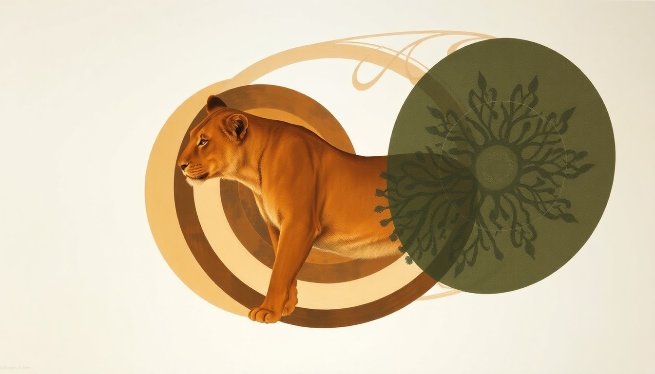 An abstract painting in soft, earthy tones featuring sweeping geometric arcs, concentric circles, and precise botanical spirals, conceptually representing the complex social and biological forces at play in the recovery and reintegration of a lioness into her pride.