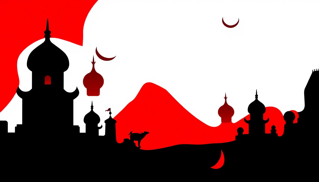 A striking, minimalist illustration featuring bold, jagged shapes and silhouettes in high-contrast colors, conceptually representing the magic and adventure of the Aladdin Broadway musical.