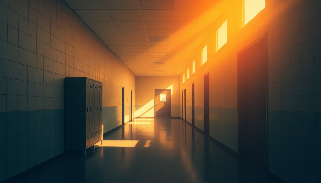 A serene, cinematic painting of an empty school hallway with a single locker in the foreground, the space bathed in warm, diagonal sunlight and deep shadows, conceptually representing the isolation and vulnerability of transgender students affected by the new law.
