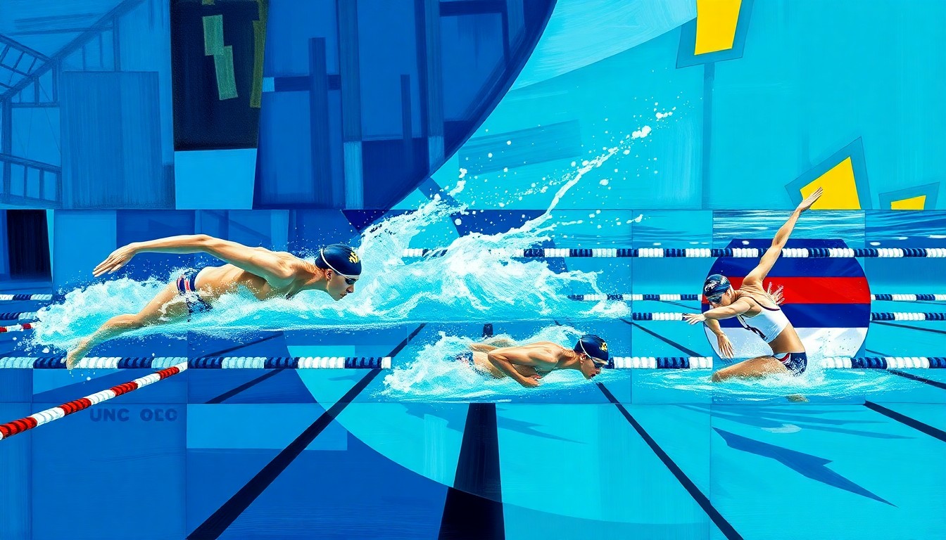 A fractured, geometric painting depicting a swimmer's movements and competition, rendered in a cubist style with overlapping planes of navy, teal, and gold colors.