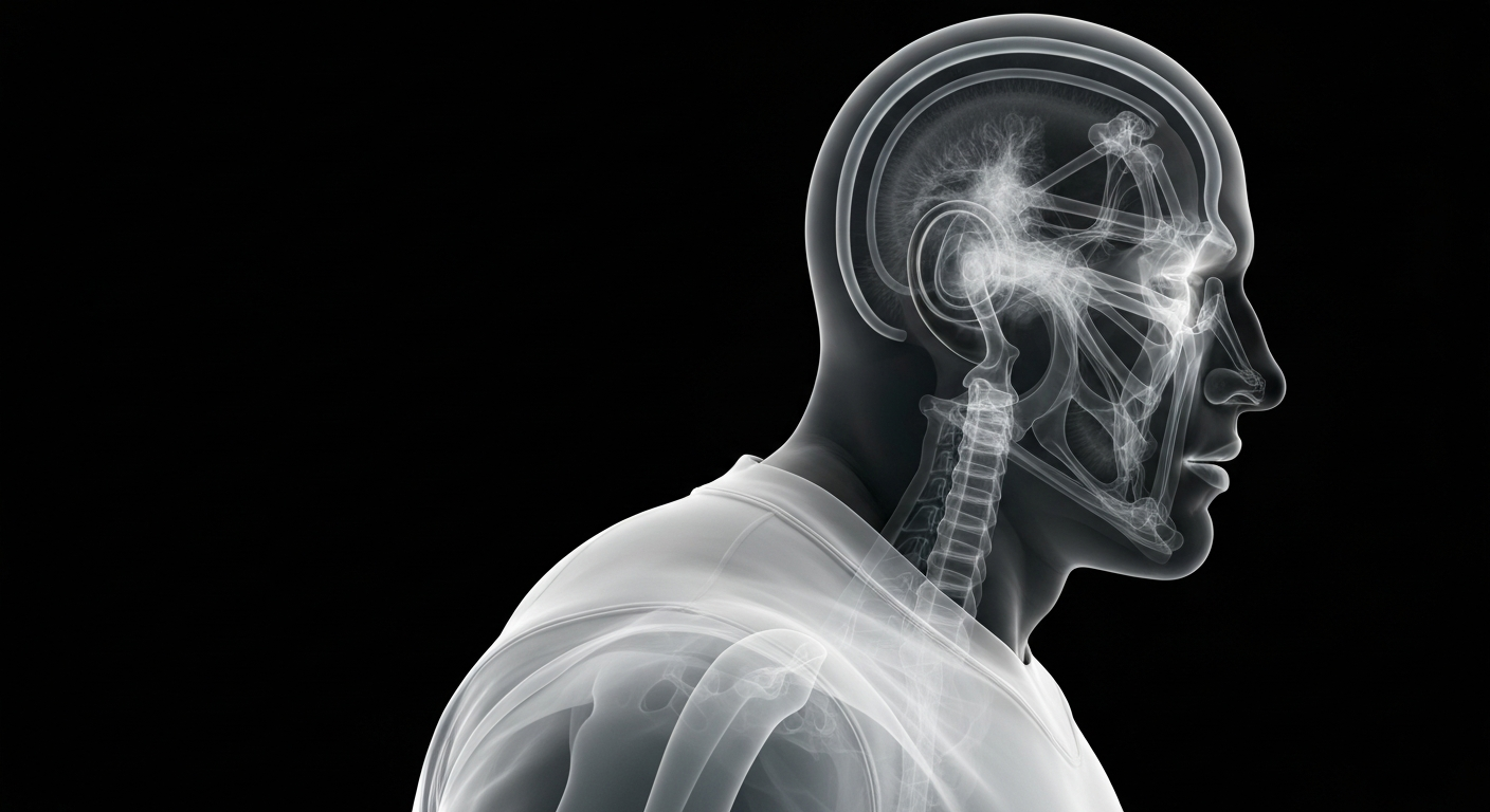 An extreme close-up X-ray photograph revealing the internal structures of a rugby player's head and upper body as glowing, ghostly lines against a dark background, conceptually illustrating the fragility of athlete health.