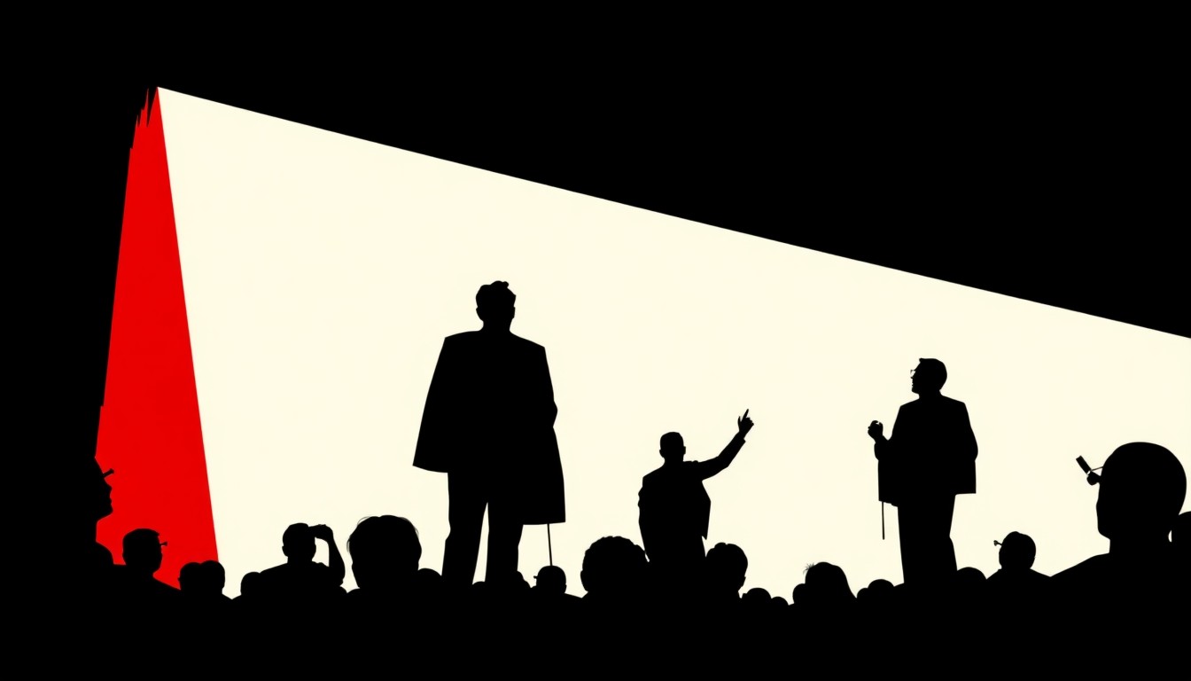 An abstract, minimalist composition featuring stark, jagged geometric shapes in high-contrast red and white, conceptually representing the ritual of standing ovations at film festivals without using any literal imagery.