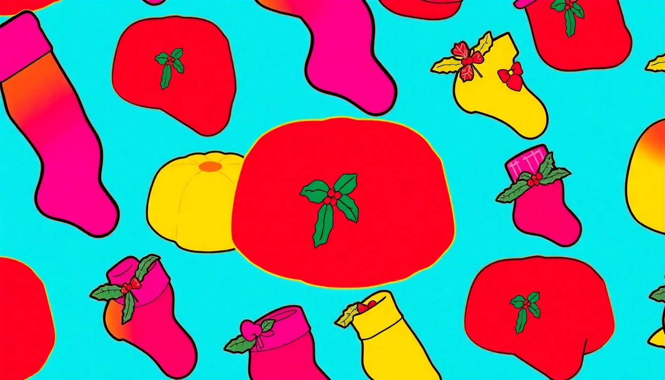 A brightly colored, high-contrast silkscreen print of a single, iconic Victorian Christmas object such as a plum pudding or holly wreath, repeated in a tight grid pattern, conceptually representing the museum's celebration of Dickens' impact on the holiday season.