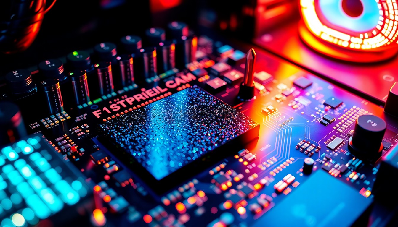 An extreme close-up of sleek, metallic gaming components and circuitry, bathed in dramatic, high-contrast lighting to create a visually striking, high-tech aesthetic that conceptually represents the growing prominence of esports in the entertainment industry.