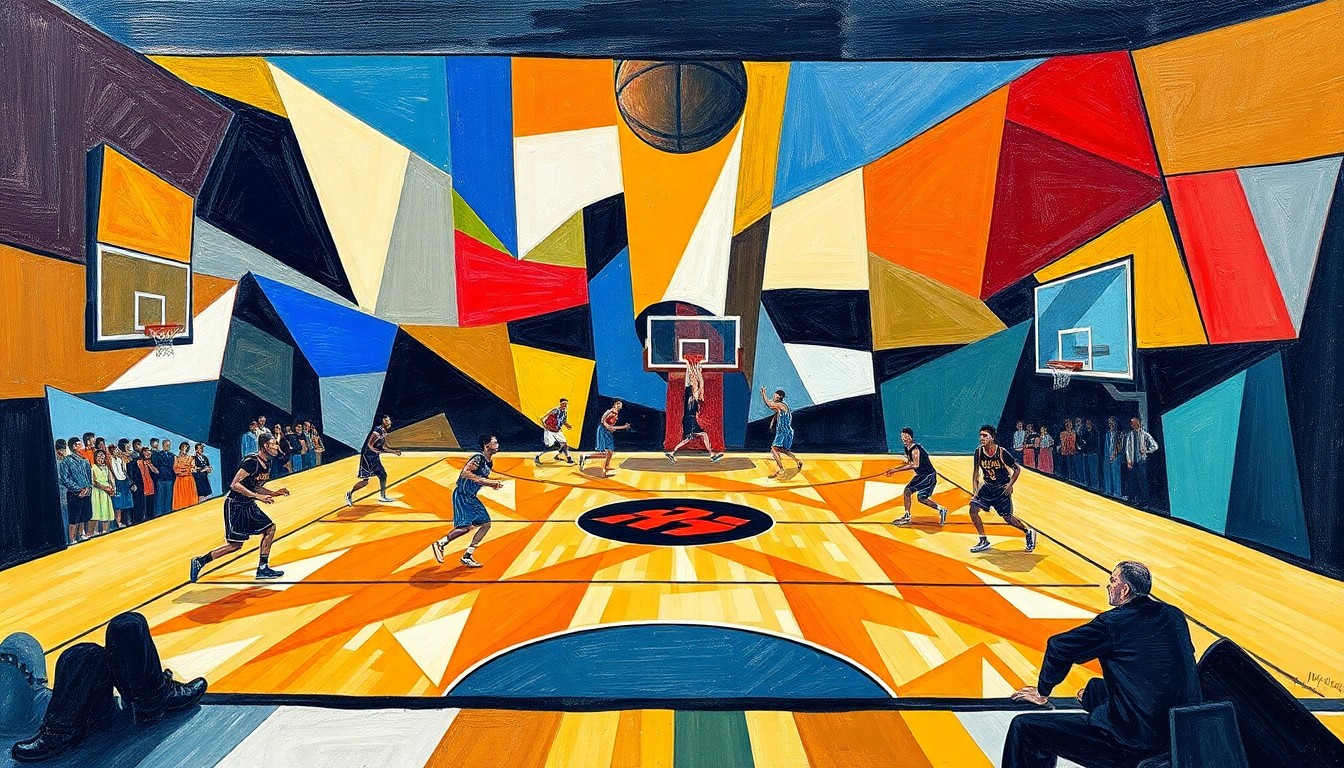 A fractured, geometric painting in vibrant colors representing the energy and movement of a basketball game, with players' forms broken down into sharp, overlapping planes.