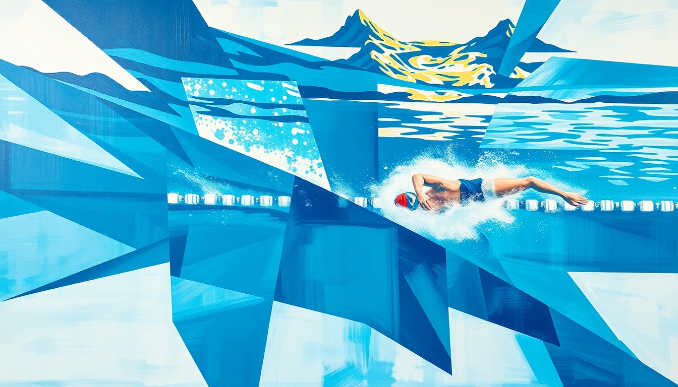 A cubist, geometric painting depicting a fragmented swimming competition or training session, with overlapping planes of deep blue, teal, and white, conceptually representing the multifaceted nature of an athlete's personal experiences.