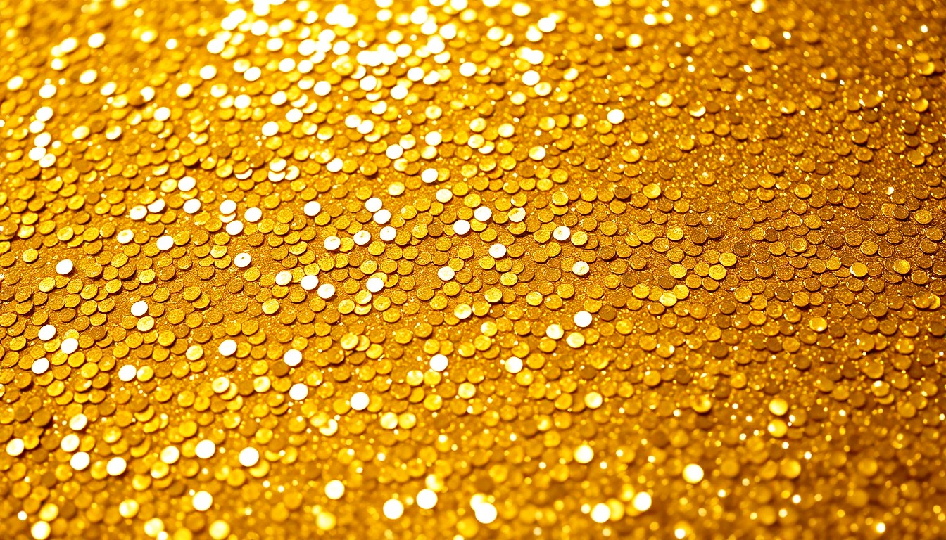 An extreme close-up of a glittering, high-contrast golden sequin texture, capturing the glamour and luxury associated with the Lord of the Rings franchise.