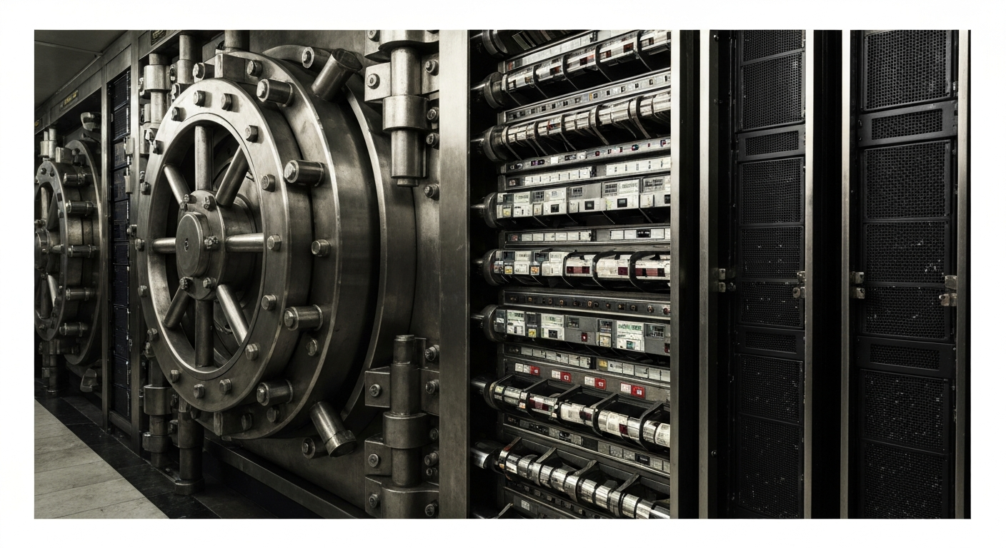 An extreme close-up of metallic banking equipment and machinery, conveying the institutional power and security of the financial industry.