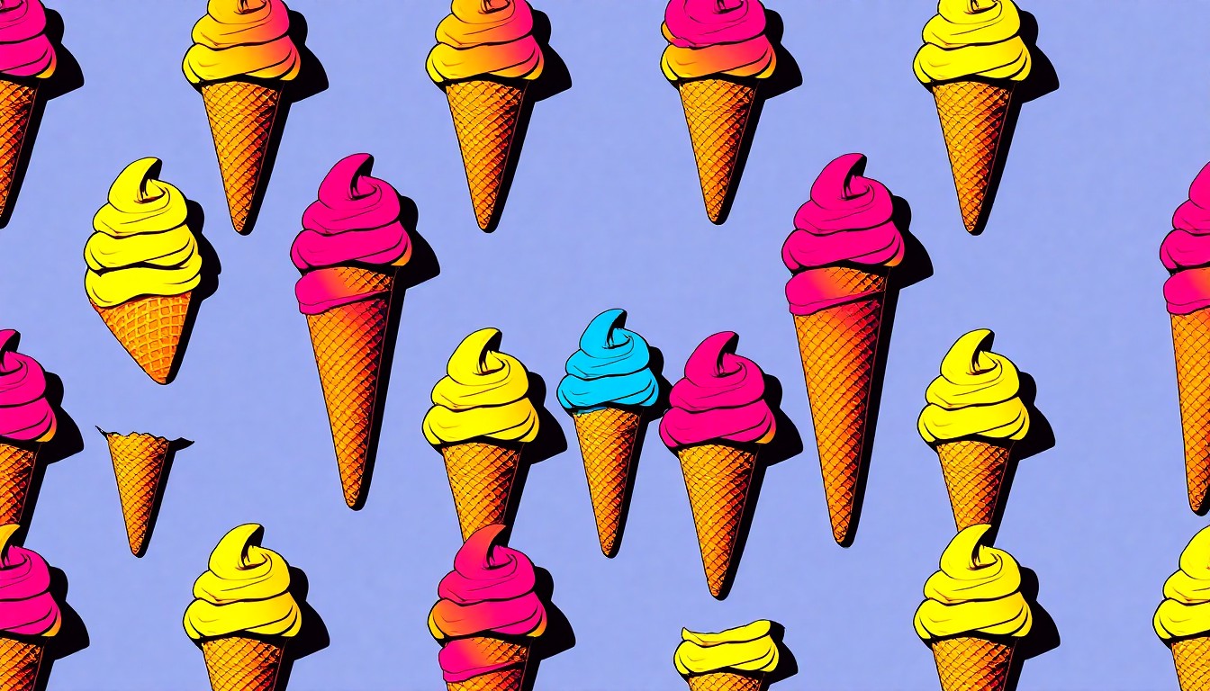 A bold, abstract silkscreen print featuring a repeating pattern of a single, iconic ice cream cone in a grid of vibrant neon colors, conceptually representing the celebratory opening of a beloved ice cream brand's new location.