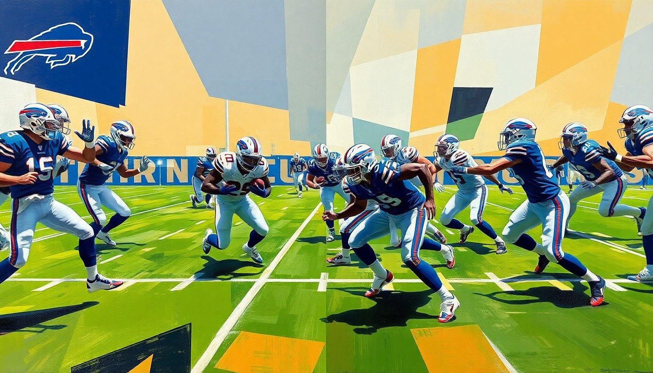 A cubist, geometric painting depicting the dynamic energy and tension of a football practice or game, with the players' forms fractured and abstracted into sharp, overlapping planes of color.