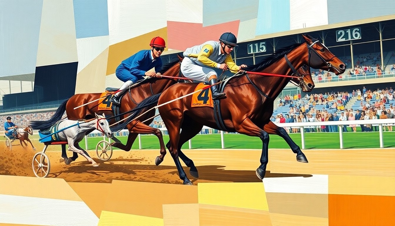 A fractured, geometric painting depicting a harness racer and horse in motion, with the track and grandstand in the background, conveying the raw athleticism and excitement of the sport.