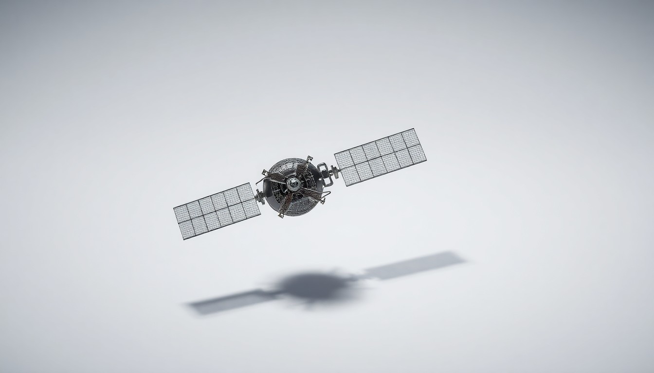 A high-end, photorealistic studio still-life photograph featuring a polished, metallic satellite model with intricate details floating on a clean, monochromatic seamless background. The dramatic studio lighting and deep shadows conceptually represent the precision data and satellite technology that Xoople is developing to power the future of AI-driven geospatial analysis.