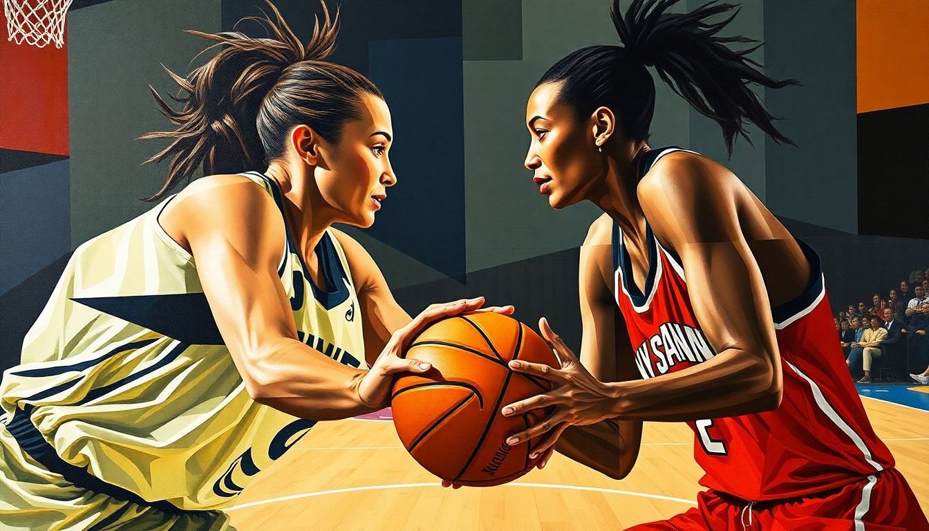 A fractured, multi-perspective painting with sharp, overlapping geometric planes in vibrant colors, capturing the abstract energy of a heated basketball game between two WNBA players.