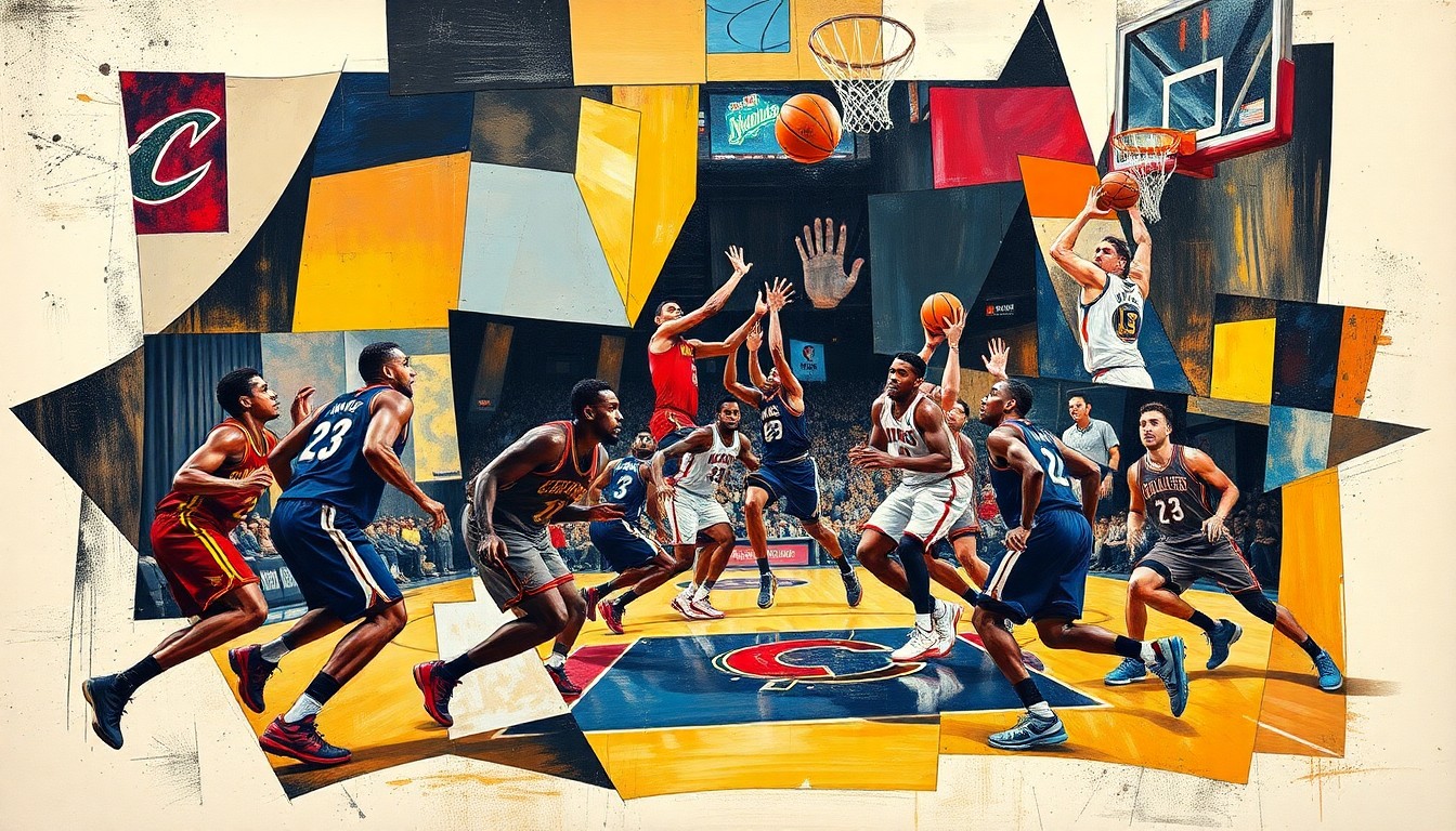 A fragmented, geometric painting depicting a basketball game between the Cleveland Cavaliers and Atlanta Hawks, with the players' movements and the intensity of the game expressed through overlapping planes of color and shape.