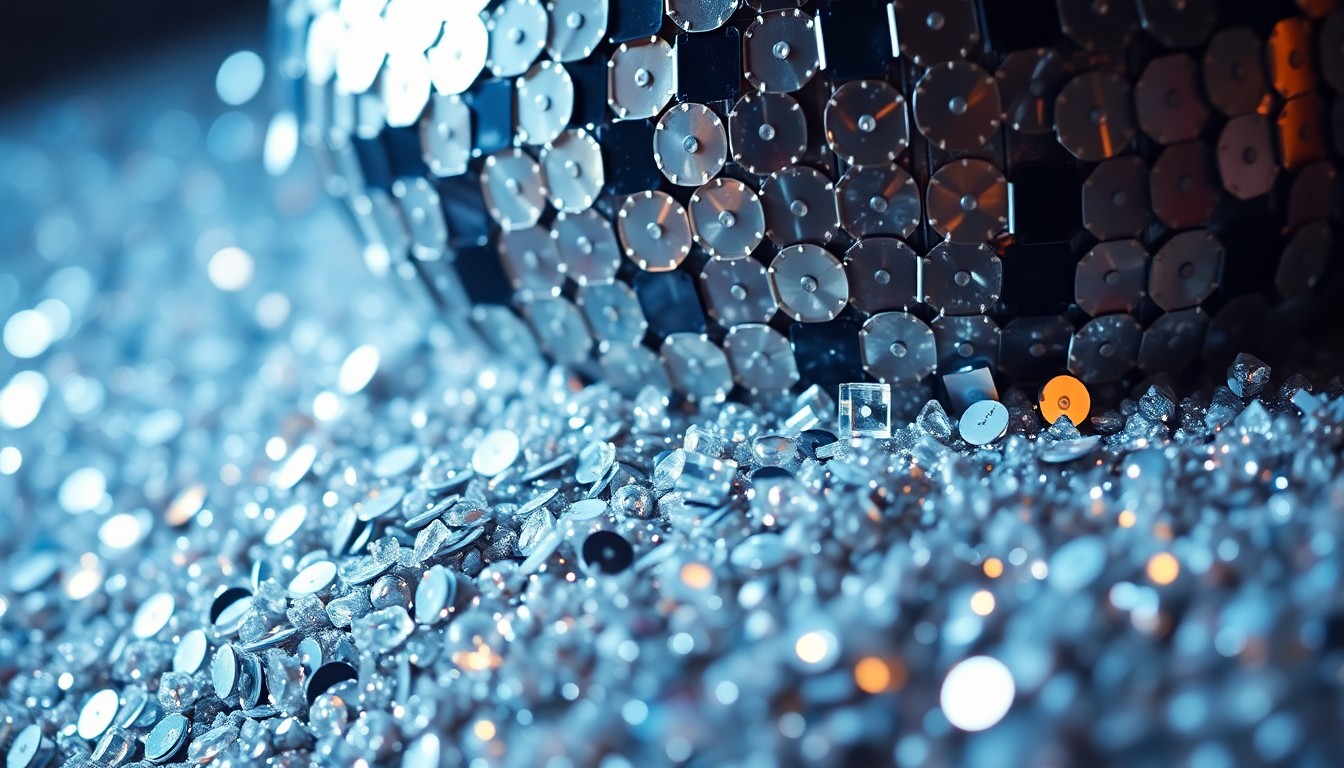 An abstract, high-contrast close-up photograph of shimmering sequins and glittering disco ball fragments, evoking the glamour and energy of the music industry.