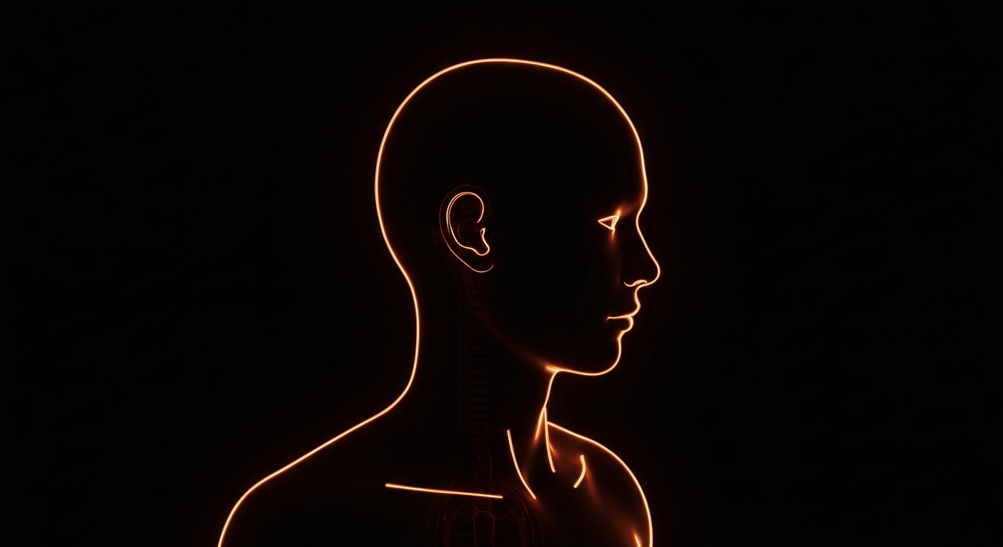 A minimalist design in the style of Keith Haring where the outline of a person's head is defined entirely by glowing, vibrant neon lines against a deep, dark background, emphasizing the active, restless nature of the mind.