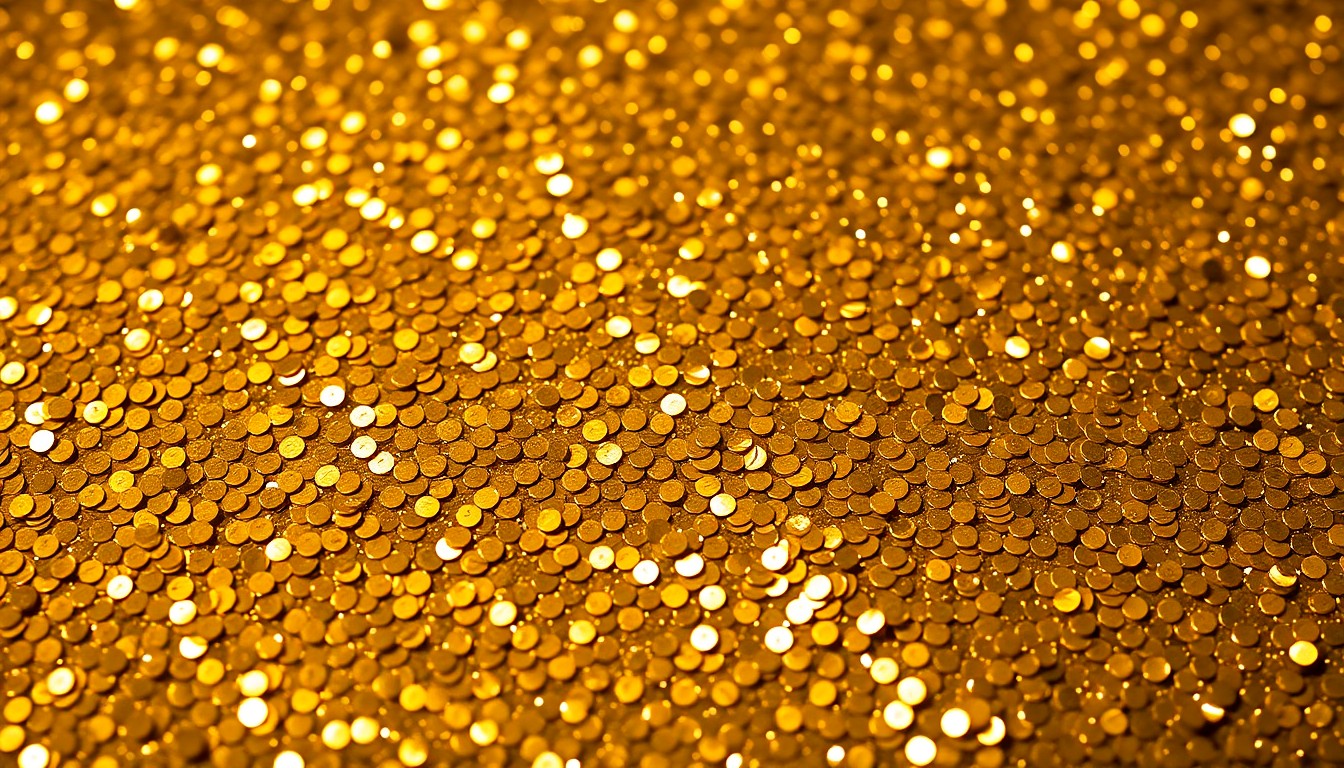 An extreme close-up photograph of a luxurious, shimmering gold sequin texture, capturing the glamour and opulence associated with the Palm Beach elite.