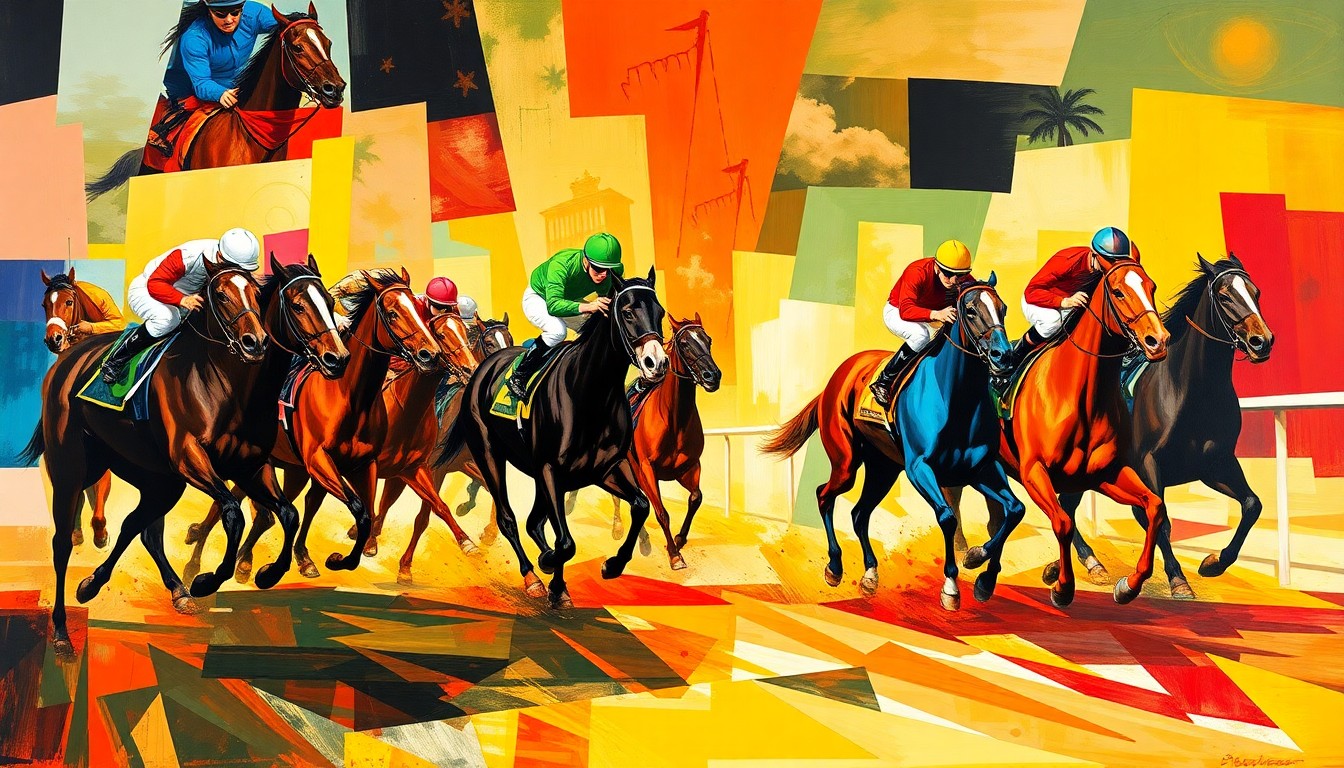 A fragmented, geometric painting depicting the horses and jockeys of the Gilded Bandit vs Deep Flame race, with vibrant colors and overlapping planes that convey the excitement and drama of the competition.