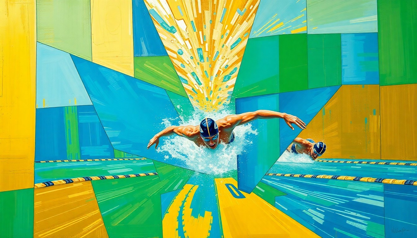 A cubist, geometric painting depicting a swimming competition, with overlapping planes of vibrant blue, green, and gold colors, capturing the dynamic movement and energy of the sport.