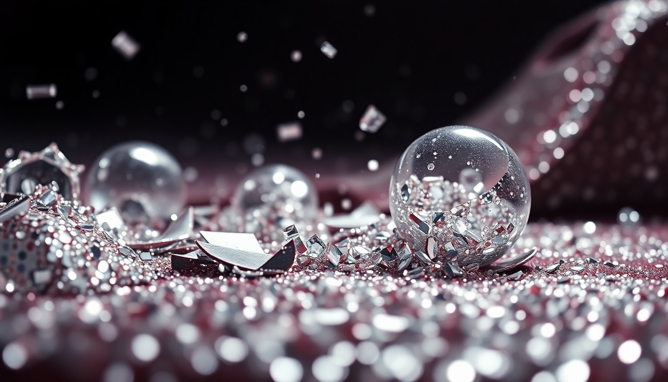 An abstract, high-contrast close-up photograph of luxurious textures like glittering sequins and shattered glass, evoking the glamour and energy of a celebrity relationship.