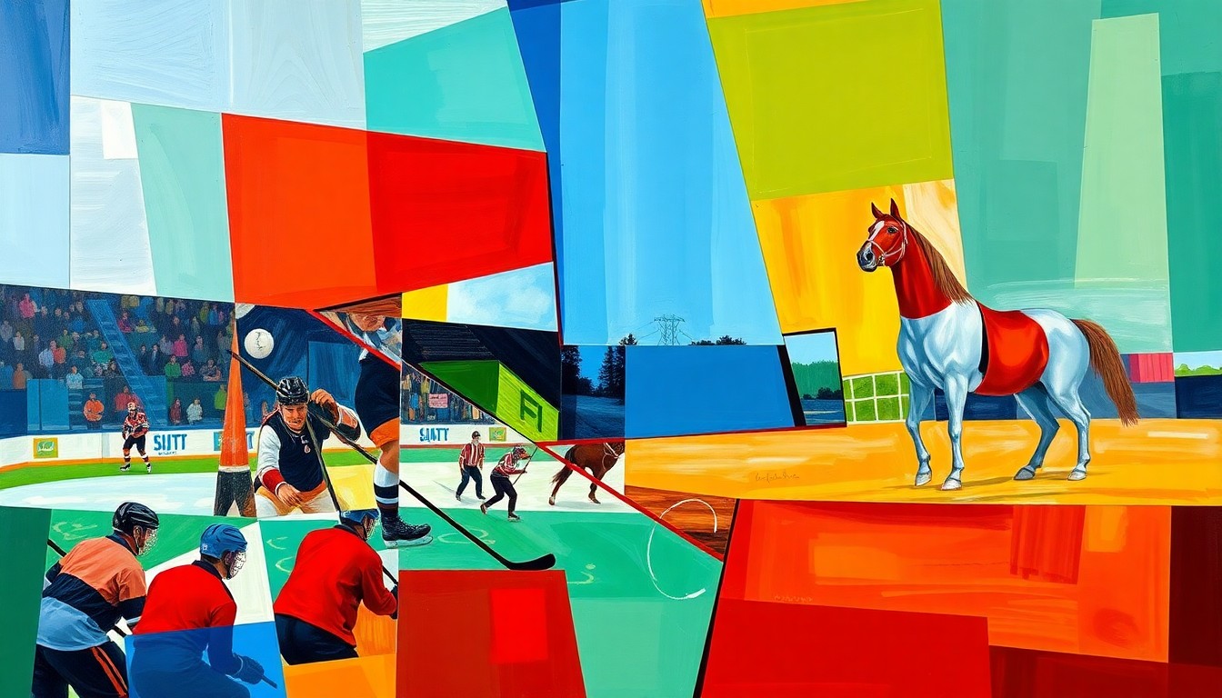 A cubist, geometric painting depicting fragmented scenes of a hockey player and a horse trainer, representing the multifaceted life and community impact of Shaun Callahan.