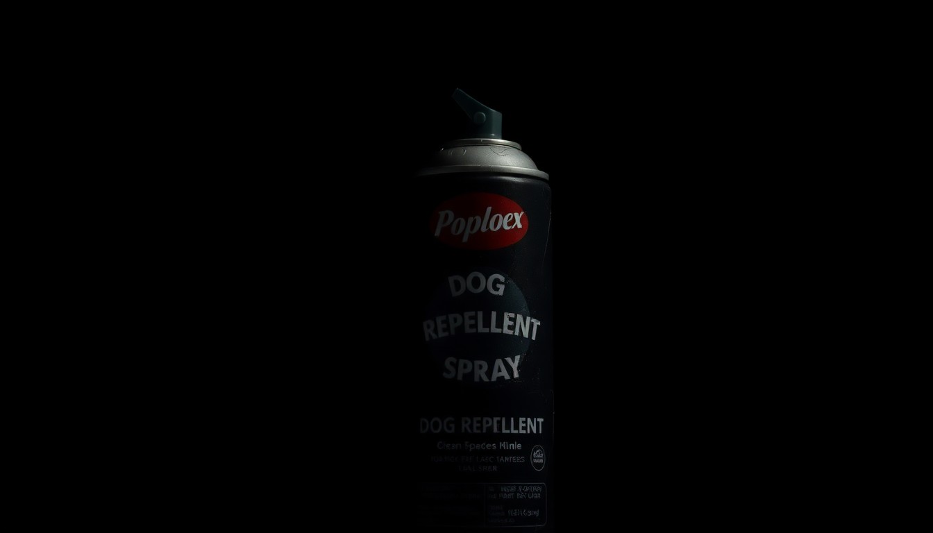 An extreme close-up photograph of a damaged can of dog repellent spray, with the metal surface and liquid contents visible in stark detail against a pitch-black background, conceptually representing the unexpected dangers that can arise from common household products.