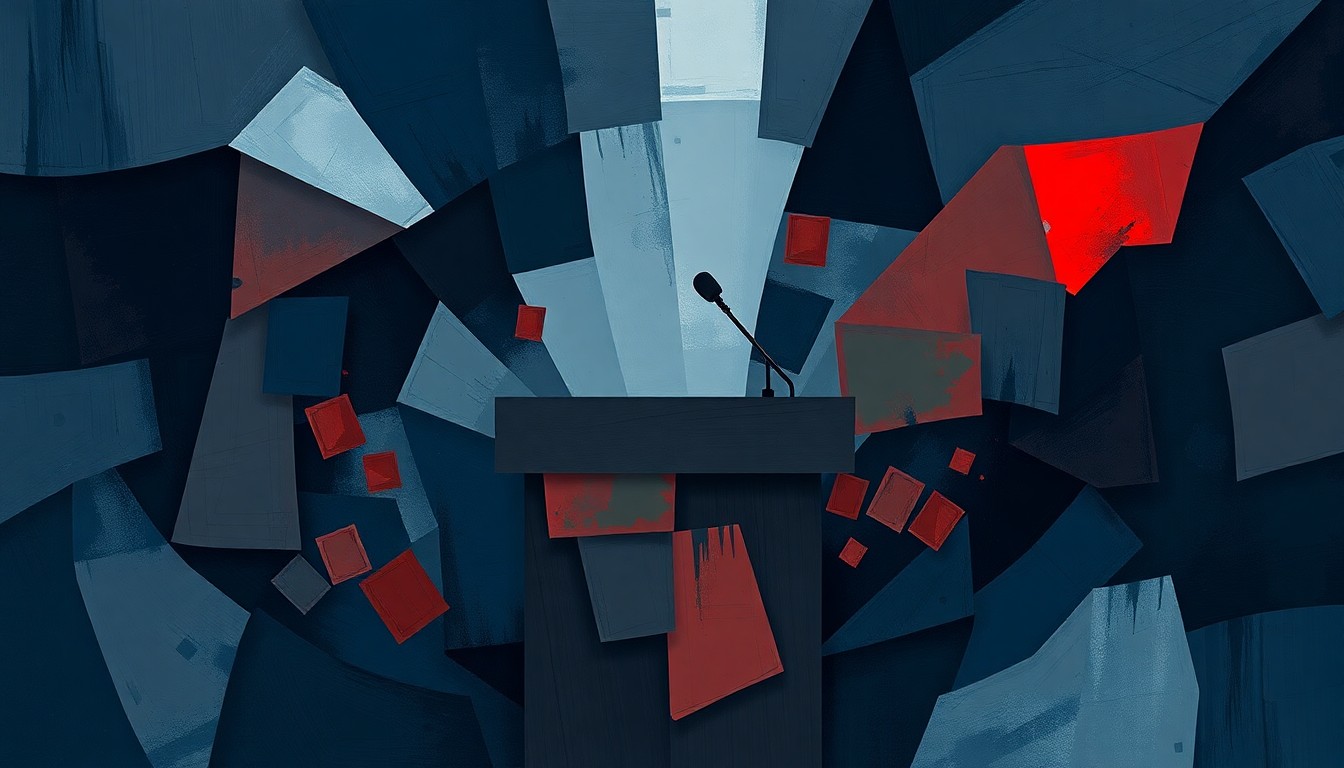 A fractured, abstract painting featuring overlapping geometric shapes in shades of blue, grey, and red, conveying a sense of political tension and discord without any specific identifiable elements.