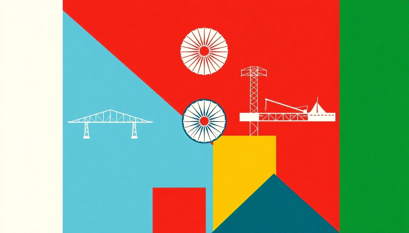 A vibrant, abstract illustration featuring bold geometric shapes in primary colors, representing India's 2026 budget priorities of infrastructure, manufacturing, and fiscal responsibility.