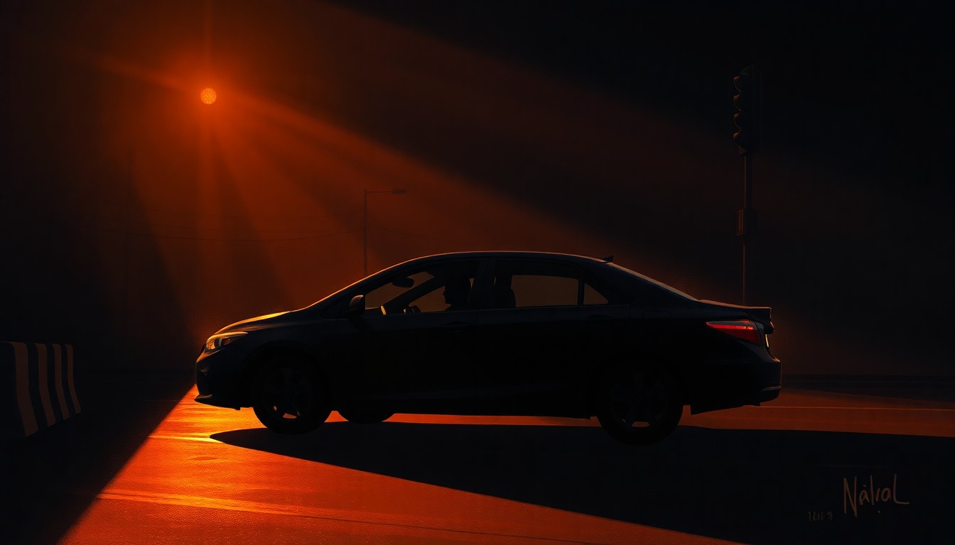 A cinematic painting of a solitary car at a traffic light, the driver's silhouette visible through the window, bathed in warm, diagonal sunlight and deep shadows, creating a pensive, introspective mood about the future.